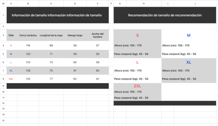Tabla de tamaño de la ropa